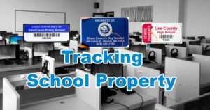 tracking school property. School computer Lab with overlaid images of 3 different types of property labels